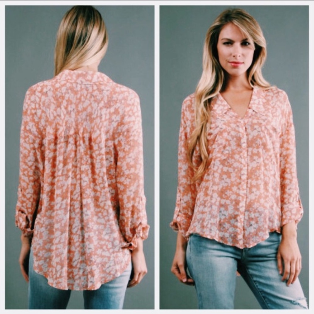 Free People Peach White Floral Button Down Blouse